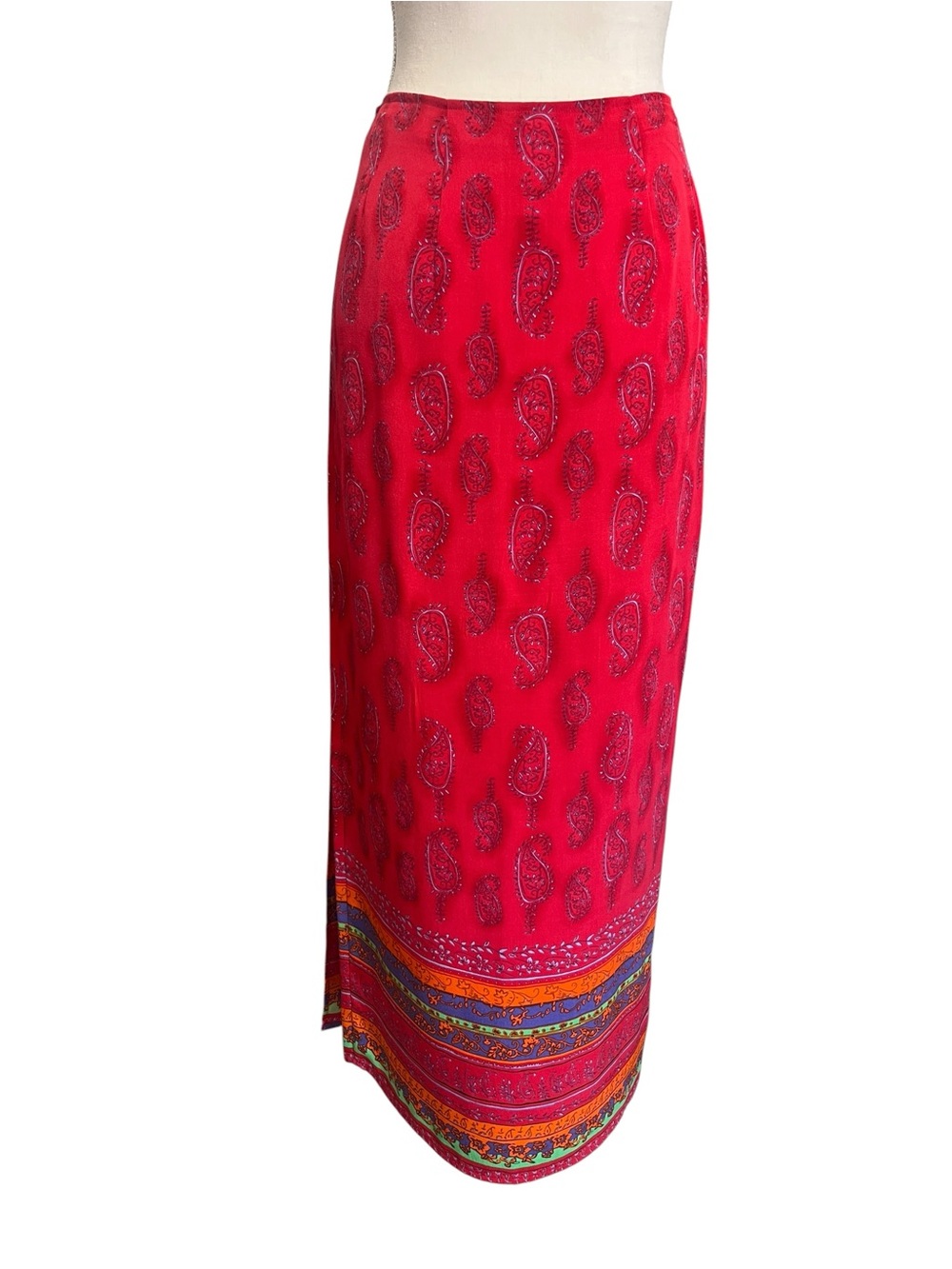 Vintage 90s Acorn Silk Paisley Maxi Wrap Skirt Red Boho Festival Cottagecore - Picture 6 of 10